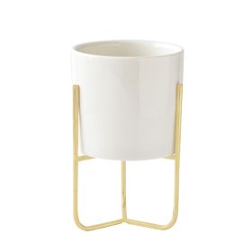 Gold-plated Iron Vase Simple Iron Frame Ceramic Flower Pot (Option: Metal Frame Medium Basin-Perforated)